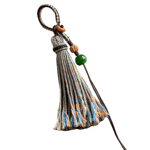 Chiorgone Handmade Tibetan Yarn Tassel Keychain Boho Phone Chain with Amber Jade Beads Pendant decoration for Car KeysBackpacks - Image 1