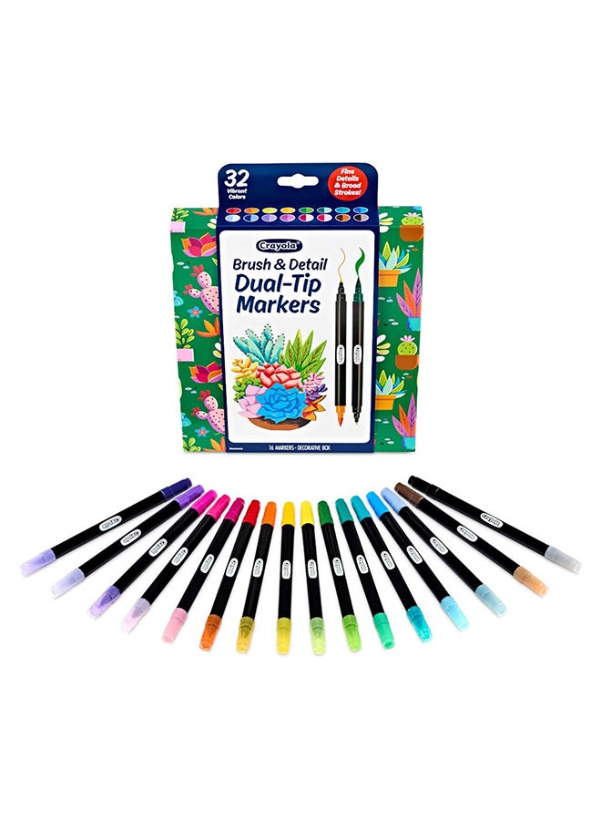 Crayola Brush & Detail Dual-Ended Markers, 16 Count – Blendable Art Markers with Brush and Fine Tips for Drawing, Lettering & Coloring - Image 1