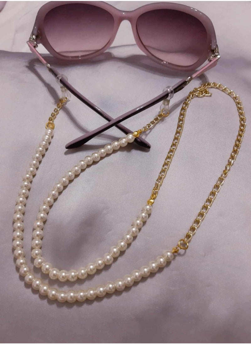 RA accessories Women Eyeglasses Chain Off White Pearls Golden Metal Chain  - Image 1