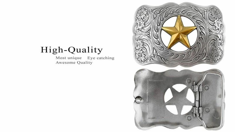 Belts.com H8459 Western Cowboy Star Gold and sterling silver engraved Belt Buckle Fits 1-1/2"(38mm) Belt (Antique Silver Gold) - Image 3