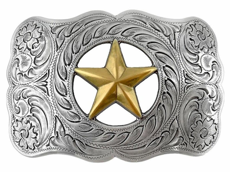 Belts.com H8459 Western Cowboy Star Gold and sterling silver engraved Belt Buckle Fits 1-1/2"(38mm) Belt (Antique Silver Gold) - Image 1