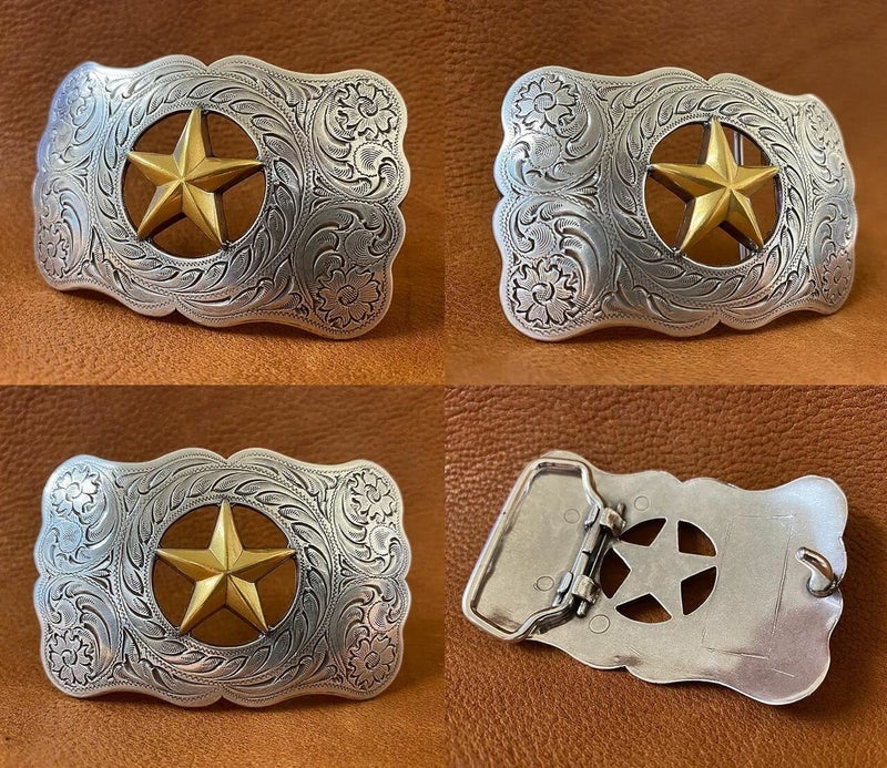 Belts.com H8459 Western Cowboy Star Gold and sterling silver engraved Belt Buckle Fits 1-1/2"(38mm) Belt (Antique Silver Gold) - Image 4