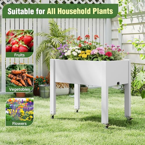 WTFGO Elevated Raised Garden Bed with Wheels - Outdoor Mobile Resin Planter Box with Drainage Holes for Vegetables Flower Herbs, Weather Resistant, White (26.3" h) - Image 5