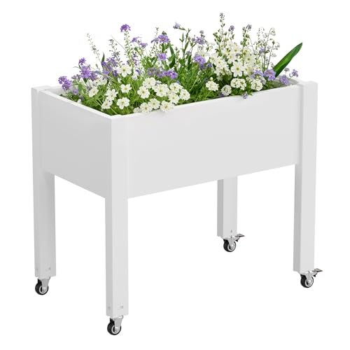 WTFGO Elevated Raised Garden Bed with Wheels - Outdoor Mobile Resin Planter Box with Drainage Holes for Vegetables Flower Herbs, Weather Resistant, White (26.3" h) - Image 1