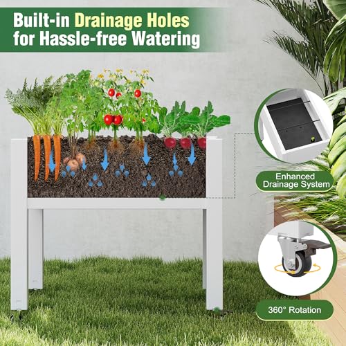 WTFGO Elevated Raised Garden Bed with Wheels - Outdoor Mobile Resin Planter Box with Drainage Holes for Vegetables Flower Herbs, Weather Resistant, White (26.3" h) - Image 3