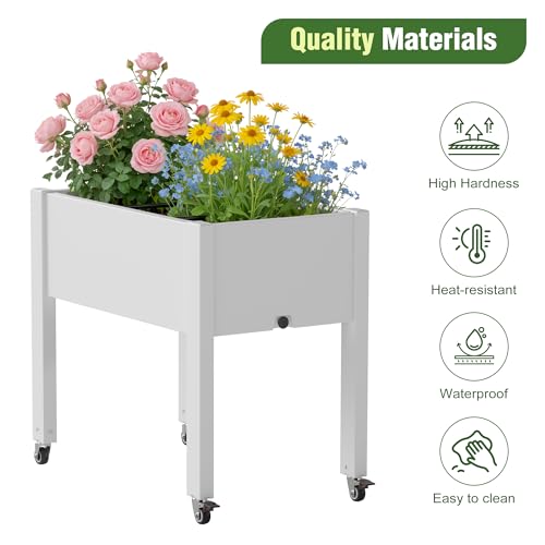 WTFGO Elevated Raised Garden Bed with Wheels - Outdoor Mobile Resin Planter Box with Drainage Holes for Vegetables Flower Herbs, Weather Resistant, White (26.3" h) - Image 4