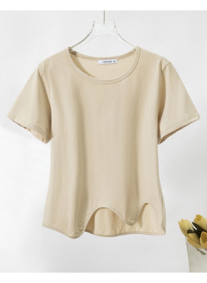 Jeanswest Women's Short Sleeve T-shirt 2025 Summer Campus Style Pure Cotton Skin-friendly Slimming Irregular Hem Round Neck Top - Image 1