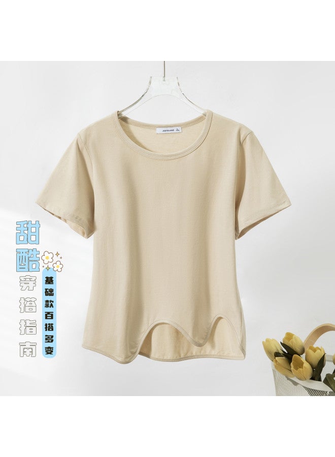 Jeanswest Women's Short Sleeve T-shirt 2025 Summer Campus Style Pure Cotton Skin-friendly Slimming Irregular Hem Round Neck Top - Image 2