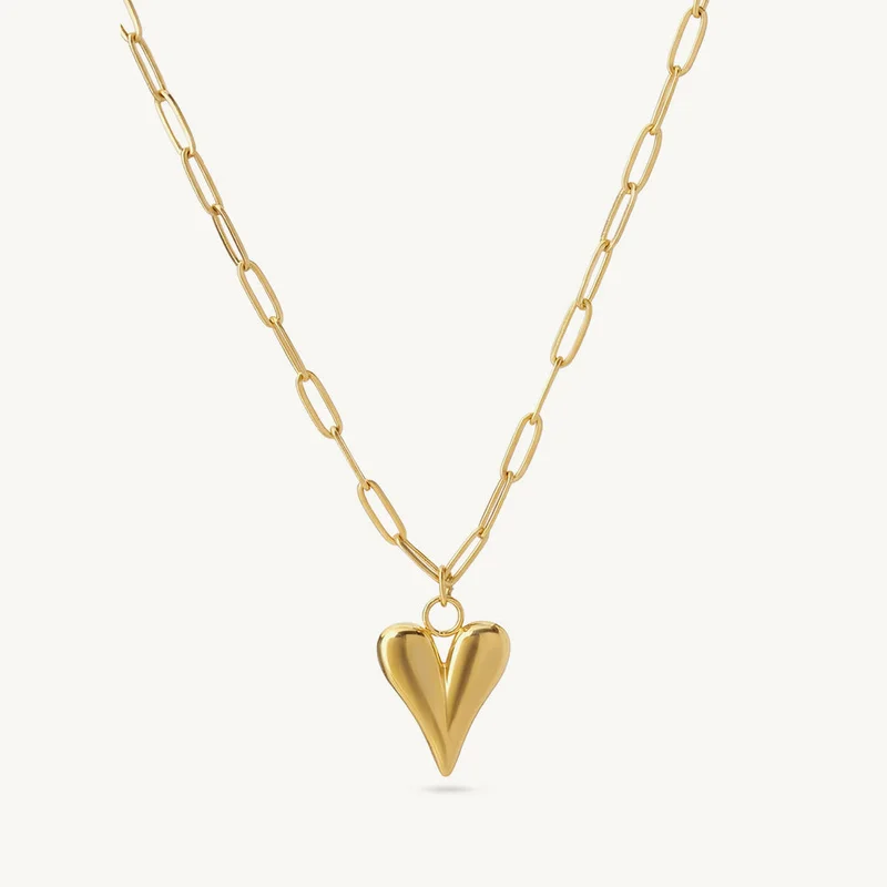 18K Gold Tone Plated Bold Sculpted Heart Drop Chain Necklace For Women - Waterproof & Anti-Tarnish