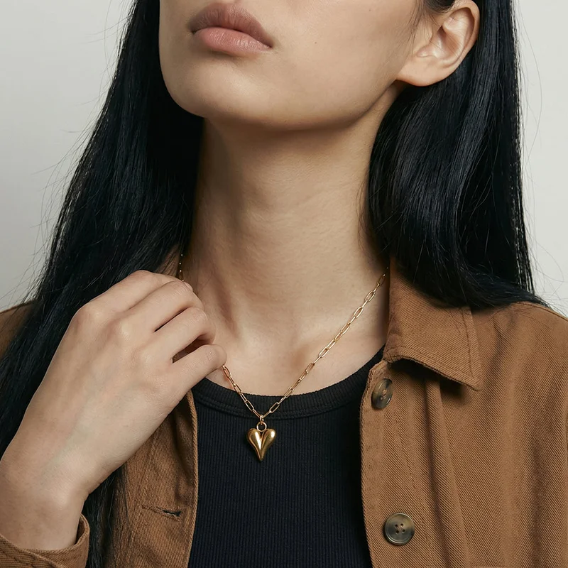 Palmonas  18K Gold Tone Plated Bold Sculpted Heart Drop Chain Necklace For Women - Waterproof & Anti-Tarnish for Women | Best Price UAE
