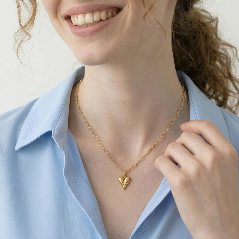 Palmonas  18K Gold Tone Plated Bold Sculpted Heart Drop Chain Necklace For Women - Waterproof & Anti-Tarnish for Women | Best Price UAE