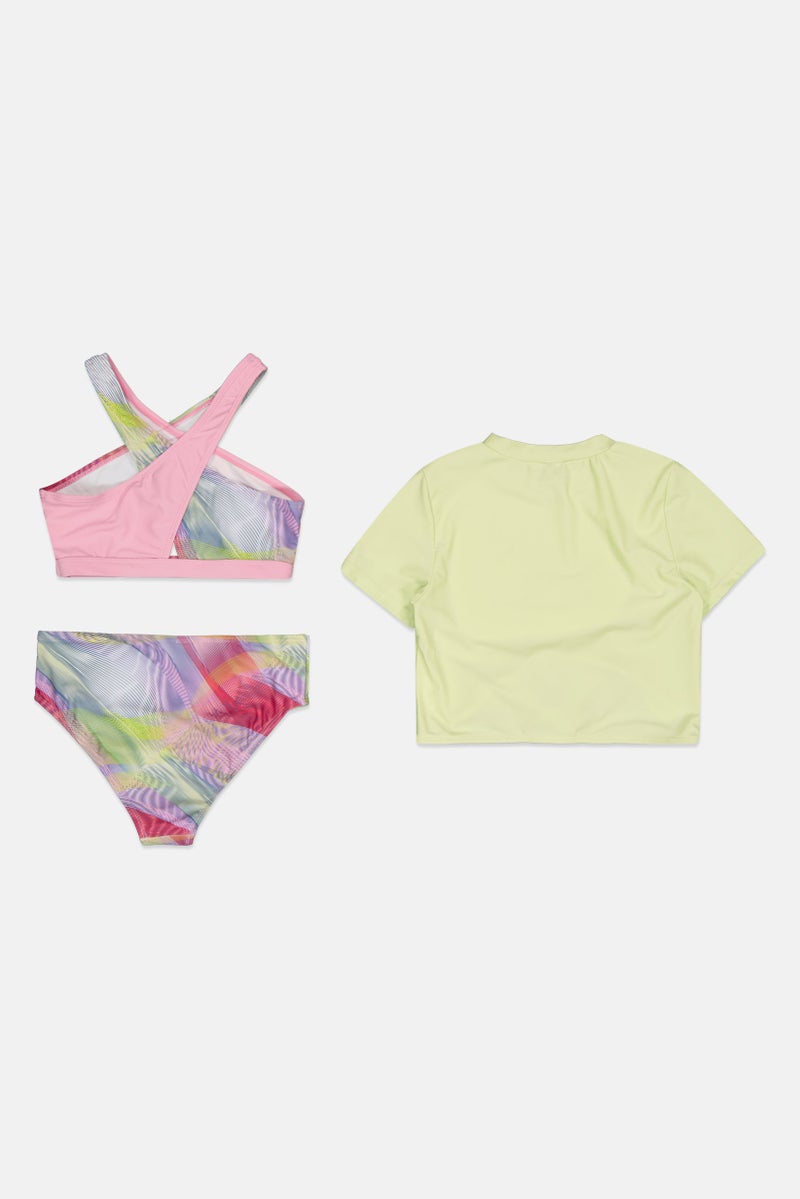 Reebok Kids Girl 3 Pieces Rashgurd With Top and Bottom Bikini Set, Apple/Pink - Image 3