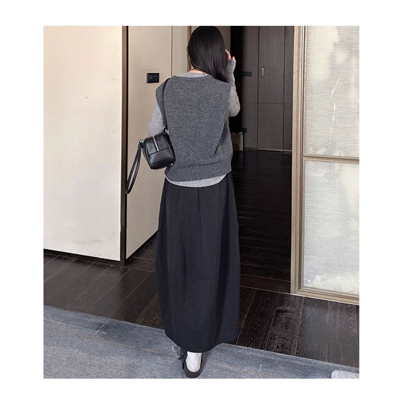 Women's Retro Casual High-Waist Black Solid Long Tulip Skirt 2026 Elastic Waist - Image 5