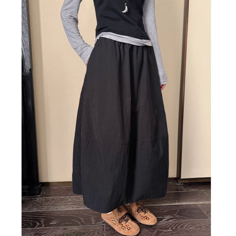 Women's Retro Casual High-Waist Black Solid Long Tulip Skirt 2026 Elastic Waist - Image 2