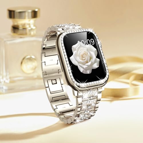 Mosonio Compatible with Apple Watch Band 40mm with Case Women, Jewelry Replacement Metal Wristband Strap with 2 Pack Bling PC Protective Cover for iWatch Series 6/5/4(Champagne) - Image 2