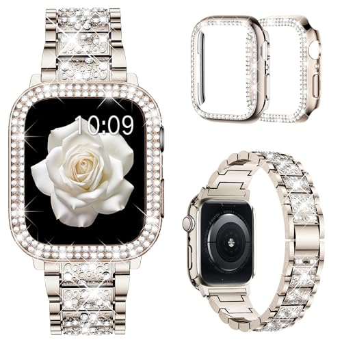 Mosonio Compatible with Apple Watch Band 40mm with Case Women, Jewelry Replacement Metal Wristband Strap with 2 Pack Bling PC Protective Cover for iWatch Series 6/5/4(Champagne) - Image 1