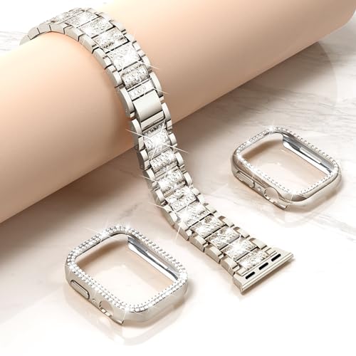 Mosonio Compatible with Apple Watch Band 40mm with Case Women, Jewelry Replacement Metal Wristband Strap with 2 Pack Bling PC Protective Cover for iWatch Series 6/5/4(Champagne) - Image 4