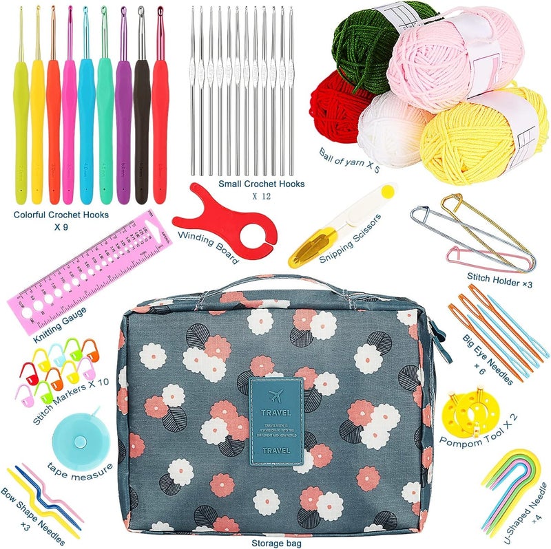 Tusmad 107-Piece Crochet Needle Kit for Beginners - Complete Crochet Set with Ergonomic Hooks, Travel Bag, Tools & Accessories for Adults and Kids - Ideal Crochet Supplies Kit with Blue Flower Bag - Image 2