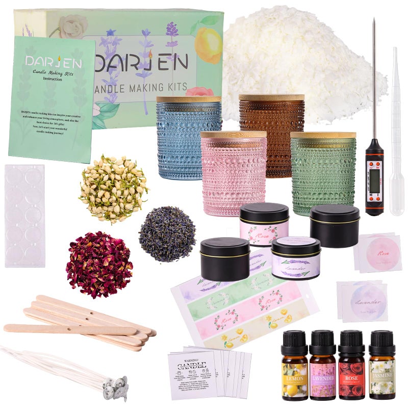 DARJEN Candle Making Kits for Adults - Candle Making Supplies with 4 Candle Jars(Blue, Pink, Amber, Green), Candle Tins, Soy Wax, Scents, Dried Flower & More, DIY Starter Candle Making Kit Home Decor - Image 1