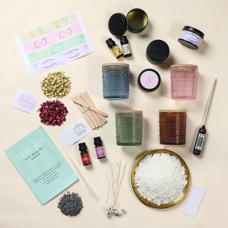 DARJEN Candle Making Kits for Adults - Candle Making Supplies with 4 Candle Jars(Blue, Pink, Amber, Green), Candle Tins, Soy Wax, Scents, Dried Flower & More, DIY Starter Candle Making Kit Home Decor - Image 3
