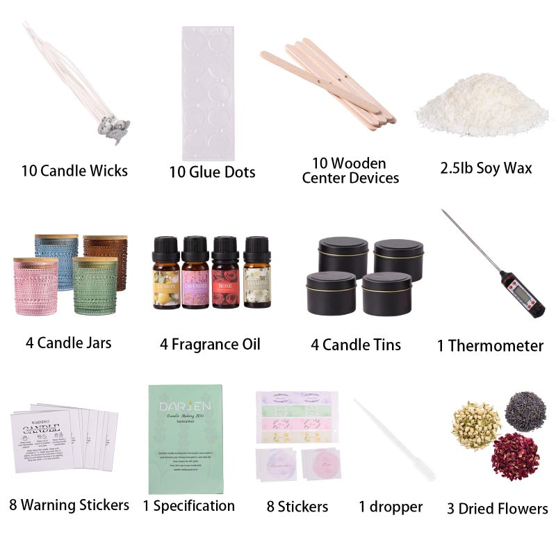 DARJEN Candle Making Kits for Adults - Candle Making Supplies with 4 Candle Jars(Blue, Pink, Amber, Green), Candle Tins, Soy Wax, Scents, Dried Flower & More, DIY Starter Candle Making Kit Home Decor - Image 2