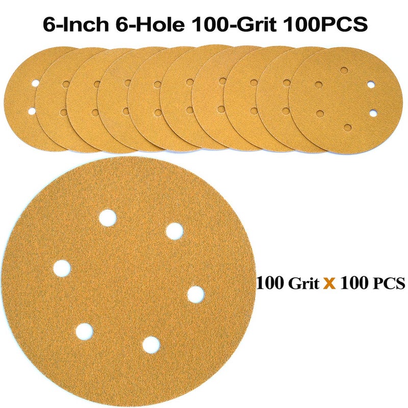 Aiyard 6-Inch 6-Hole Hook and Loop Sanding Discs 100-Grit, Random Orbital Sandpaper for Automotive and Woodworking, 100-Pack - Image 2