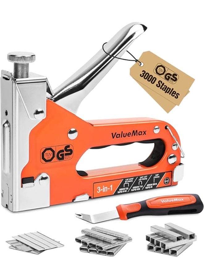 ValueMax Staple Gun 3 in 1, Heavy Duty Stapler with 3000 Staples (Type 140/28/8) & Remover, TÜV GS Tested Professional Tackers, Adjustable Force Upholstery Staple Gun for Decoration, Carpentry, DIY - Image 1