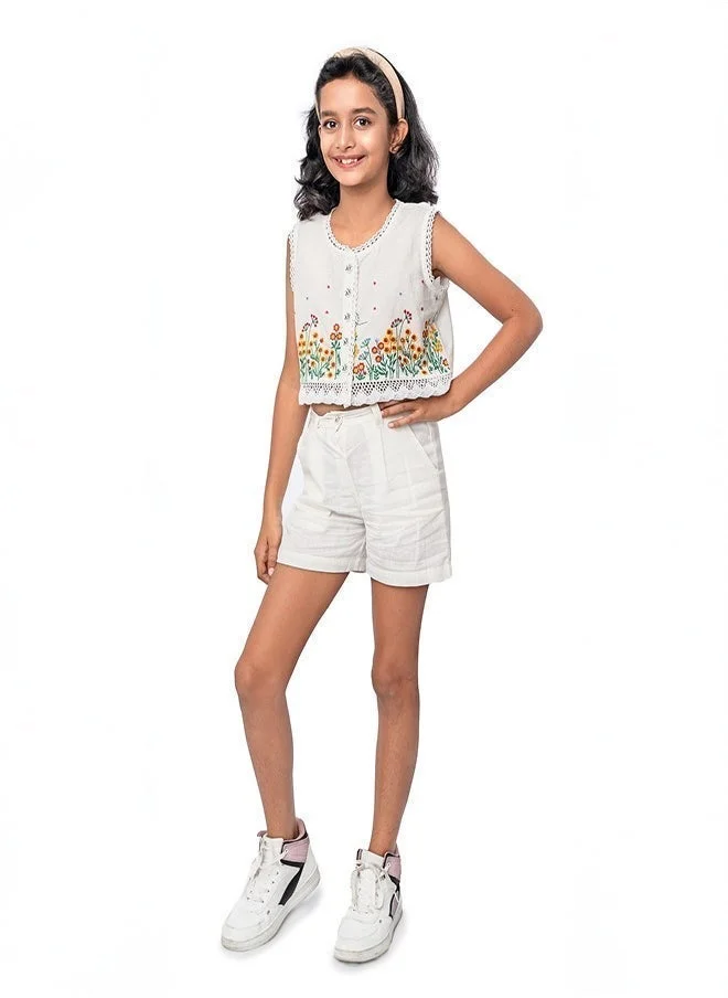 بيبي كلو Pure cotton crop top with multicolor flower embroidery and short set for girls