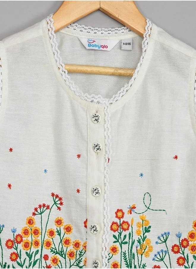 babyqlo Pure cotton crop top with multicolor flower embroidery and short set for girls