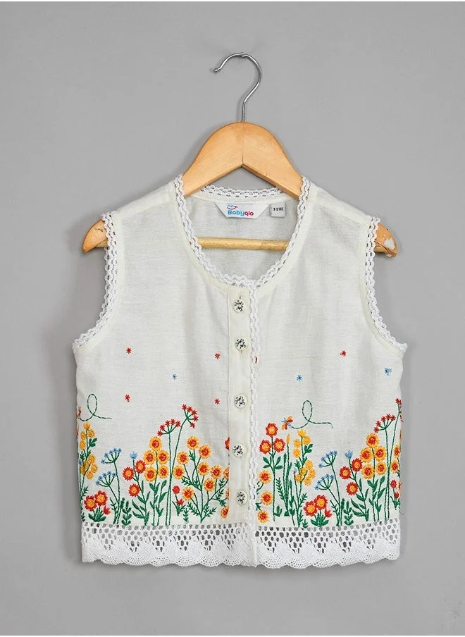 babyqlo Pure cotton crop top with multicolor flower embroidery and short set for girls