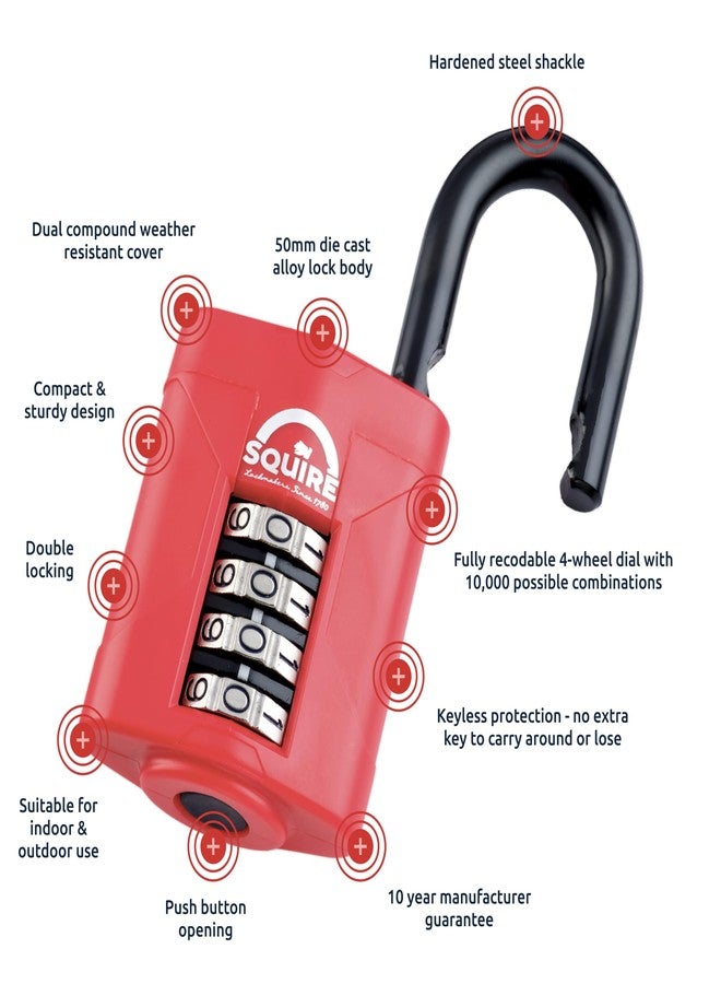 Squire Heavy Duty Padlock (CP50RED) - Toughest Steel Shackle - 4 Wheel 2" Wide Combination Padlock (Red) - Alloy Steel for Corrosion Resistance - Weatherproof Lock for Home, School & Garage - Image 5