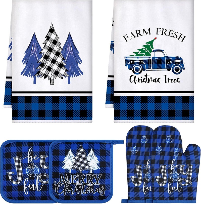 Leinuosen Leinuosen 6 Pieces Christmas Kitchen Set Dish Hand Towels Pot Holders and Oven Mitts Set Tea Towels Non Slip Heat Resistant Oven Gloves for Xmas Kitchen Cooking Baking GrillingXmas Tree  - Image 1