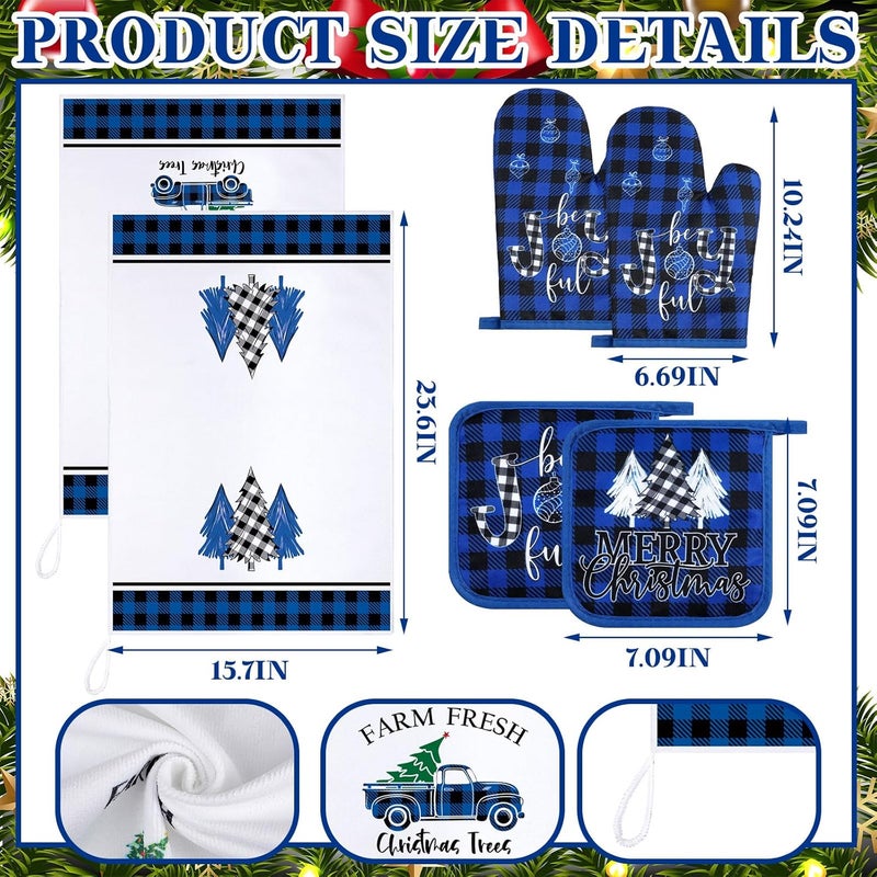 Leinuosen Leinuosen 6 Pieces Christmas Kitchen Set Dish Hand Towels Pot Holders and Oven Mitts Set Tea Towels Non Slip Heat Resistant Oven Gloves for Xmas Kitchen Cooking Baking GrillingXmas Tree  - Image 3