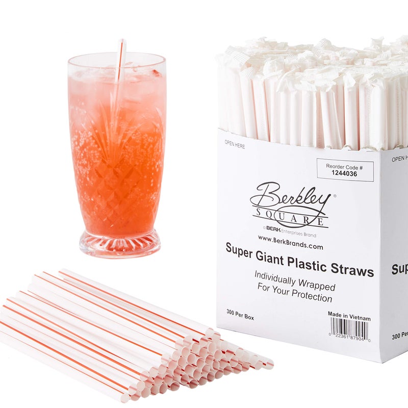 Avant Grub Retro  Extra Sturdy Sanitary Plastic Straws 300pk. BPA-Free  Individually Wrapped Red and White Striped Jumbo Disposable 7.75 Inch Drinking Straw. Best for Milkshakes  Smoothies  and Thick Drinks. - Image 1