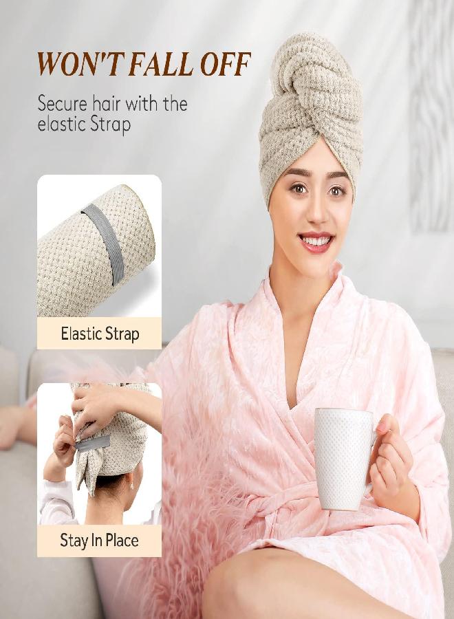 YFONG YFONG Large Microfiber Hair Towel Wrap for Women, Anti Frizz Hair Drying Towel with Elastic Strap, Fast Drying Hair Turbans for Wet Hair, Long, Thick, Curly Hair, Super Soft Hair Wrap Towels Camel - Image 2