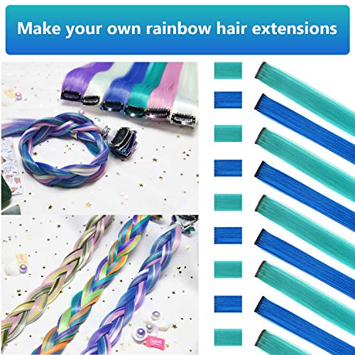LADYAMZ Colored Hair Extensions 10 PCS, Teal and Blue Clip in Hair Extensions Party Highlights, Colorful Long Straight Synthetic Hairpieces for Girls Women Kids Gifts Blue Teal Hair Accessories(22 In) - Image 2