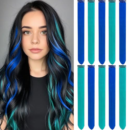 LADYAMZ Colored Hair Extensions 10 PCS, Teal and Blue Clip in Hair Extensions Party Highlights, Colorful Long Straight Synthetic Hairpieces for Girls Women Kids Gifts Blue Teal Hair Accessories(22 In) - Image 1