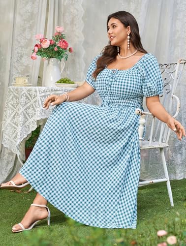 SCOMCHIC Women's Plus Size Maxi Dress Square Neck Plaid Short Sleeve Tie Front Gingham Casual Summer Dresses with Pockets Blue - Image 4