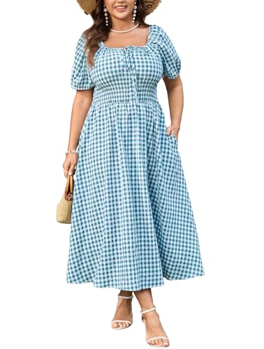 SCOMCHIC Women's Plus Size Maxi Dress Square Neck Plaid Short Sleeve Tie Front Gingham Casual Summer Dresses with Pockets Blue - Image 1