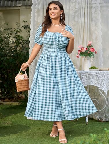 SCOMCHIC Women's Plus Size Maxi Dress Square Neck Plaid Short Sleeve Tie Front Gingham Casual Summer Dresses with Pockets Blue - Image 5