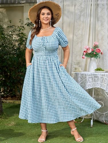 SCOMCHIC Women's Plus Size Maxi Dress Square Neck Plaid Short Sleeve Tie Front Gingham Casual Summer Dresses with Pockets Blue - Image 3