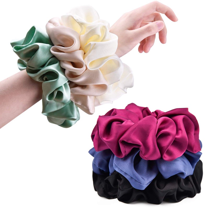 CEELGON Big Real Silk Scrunchies for Women Extra Large Scrunchie Satin Oversized Silk Scrunchy for Thick Hair Elastic Hair Ties Jumbo Hair Scrunchies 6 Pack blackwhitemulberrychampagnebluegreen