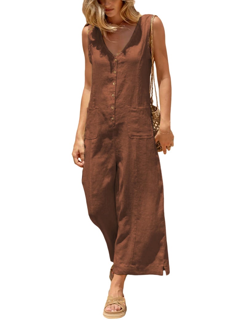 Yeokou Women Button Down Jumpsuits Cotton Linen Sleeveless Casual Wide Legs Rompers Loose Overall With Pockets(ReddishBrown-M) - Image 1