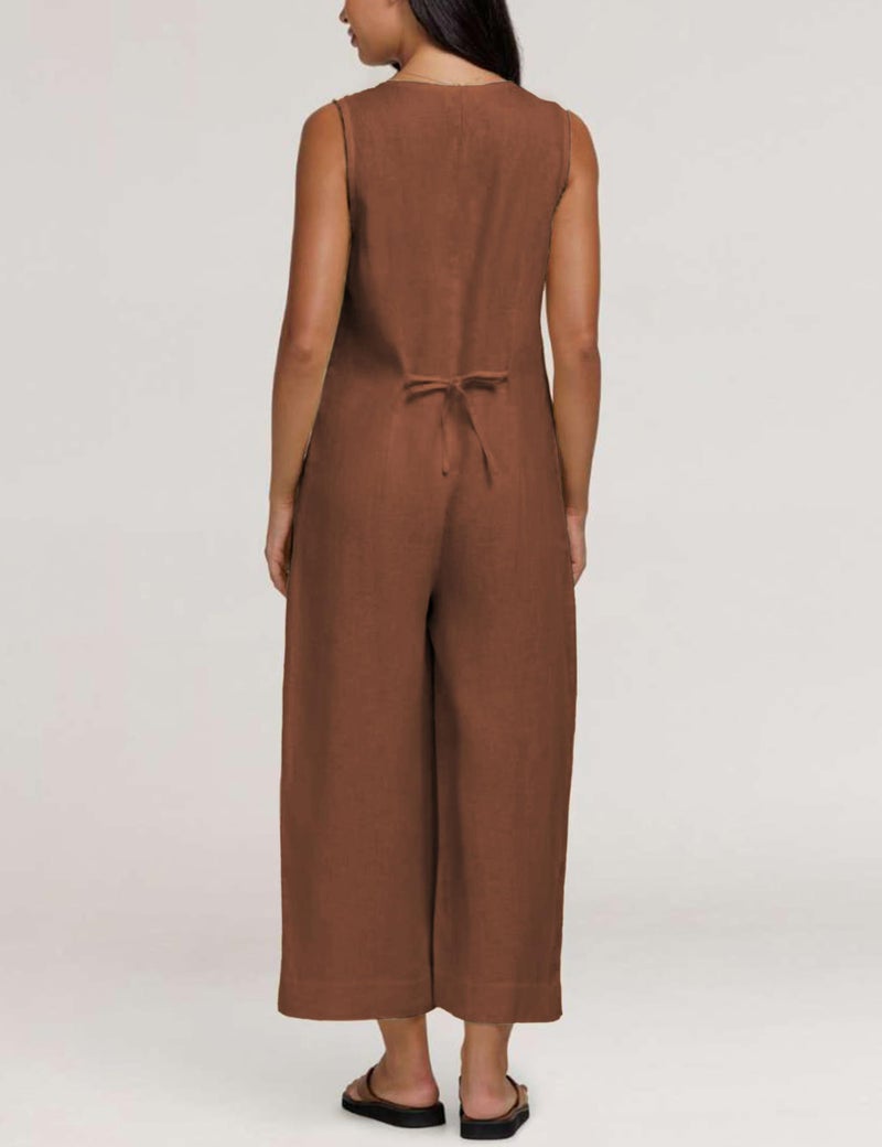 Yeokou Women Button Down Jumpsuits Cotton Linen Sleeveless Casual Wide Legs Rompers Loose Overall With Pockets(ReddishBrown-M) - Image 5