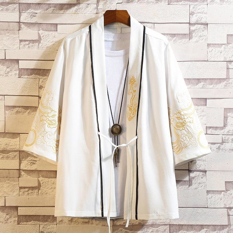 2024 Chinese Style Shirt Mens Loose Cardigan Robe Japanese Style Crane Embroidered Seven-Sleeve Hanfu Thin Coat 204 White 