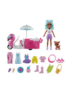 Polly Pocket Doll & Toy Vehicle Playset, Flamingo Snack Cart Includes with 3-inch Doll, Pet & 17 Accessories Including Food & Clothes  - Image 2
