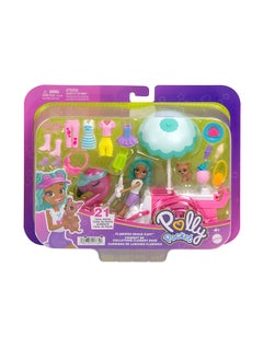 Polly Pocket Doll & Toy Vehicle Playset, Flamingo Snack Cart Includes with 3-inch Doll, Pet & 17 Accessories Including Food & Clothes  - Image 1