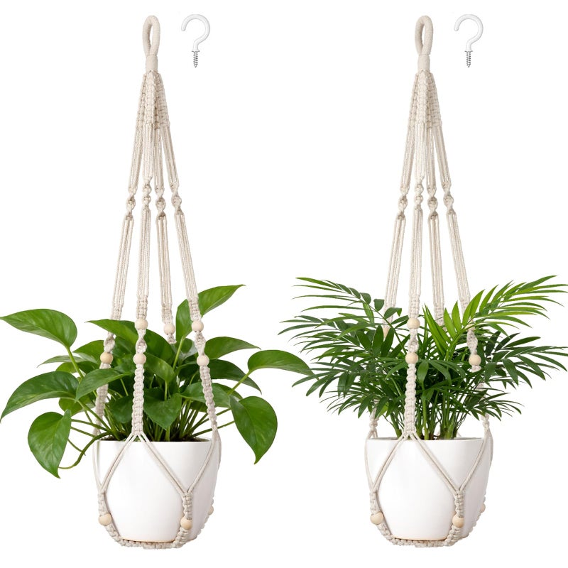 Dahey Macrame Plant Hanger Set of 2 Indoor Outdoor Hanging Planter with Wood Beads Decorative and 2 Hooks Flower Pot Plant Holder No Tassels for Boho Home Decor, 35 Inch, Ivory(Pots Not Included) - Image 1