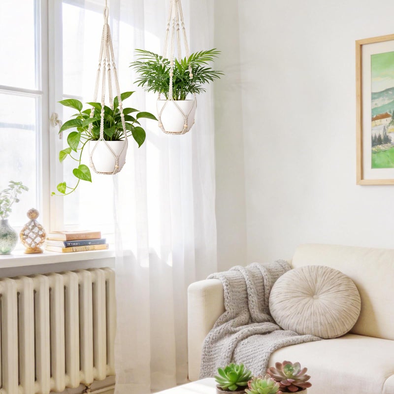 Dahey Macrame Plant Hanger Set of 2 Indoor Outdoor Hanging Planter with Wood Beads Decorative and 2 Hooks Flower Pot Plant Holder No Tassels for Boho Home Decor, 35 Inch, Ivory(Pots Not Included) - Image 3