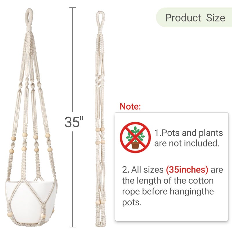 Dahey Macrame Plant Hanger Set of 2 Indoor Outdoor Hanging Planter with Wood Beads Decorative and 2 Hooks Flower Pot Plant Holder No Tassels for Boho Home Decor, 35 Inch, Ivory(Pots Not Included) - Image 4